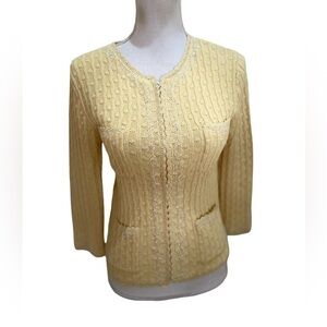 Vintage Powwow pale yellow zip up cable knit cardigan crochet hems beaded medium